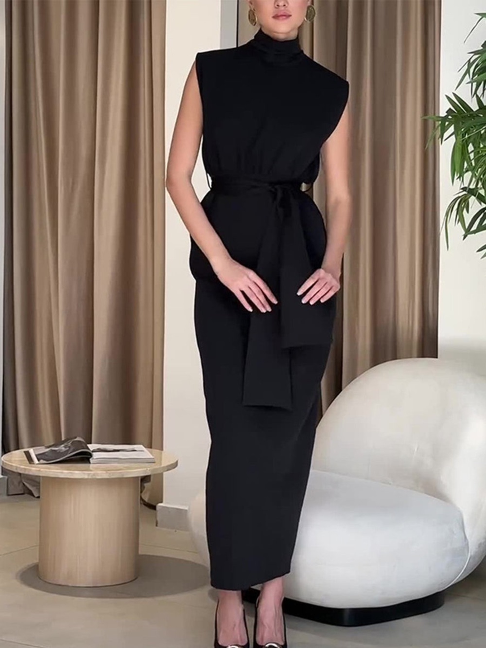 Commense Solid Slit Belted Turtleneck Long NWT